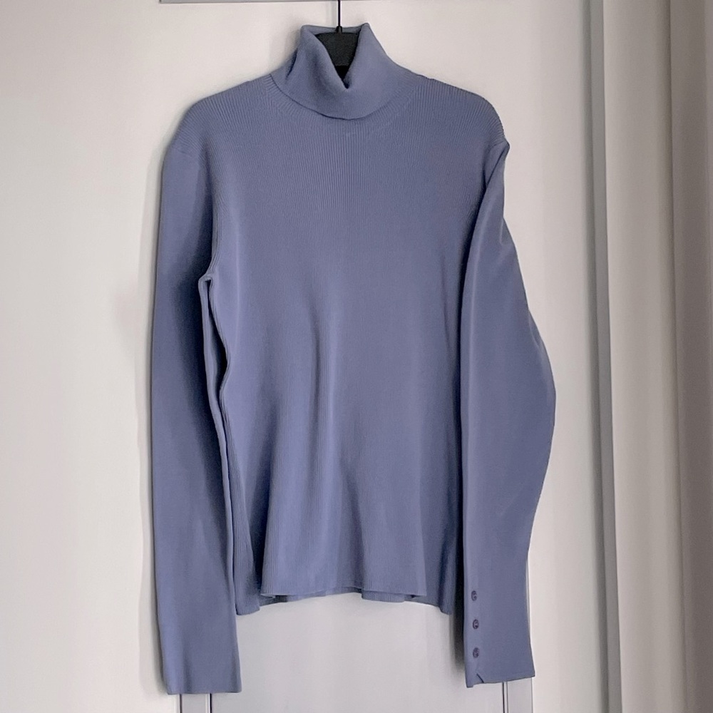 HUGO BOSS Cerulean Blue Silk Blend Ribbed Turtleneck Sweater
